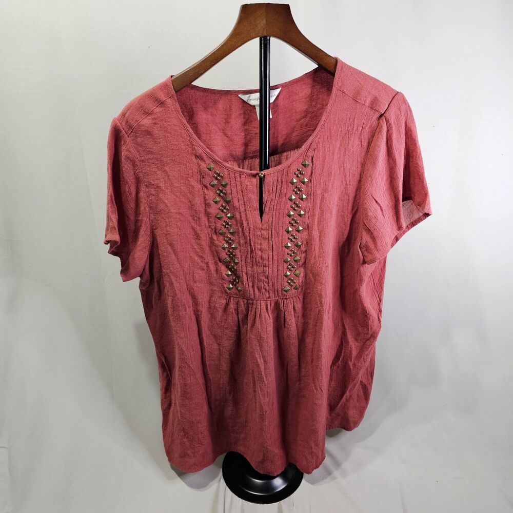 Christopher & Banks Women's Short Sleeve Top, Sz XL, Metal Beaded Down Front
